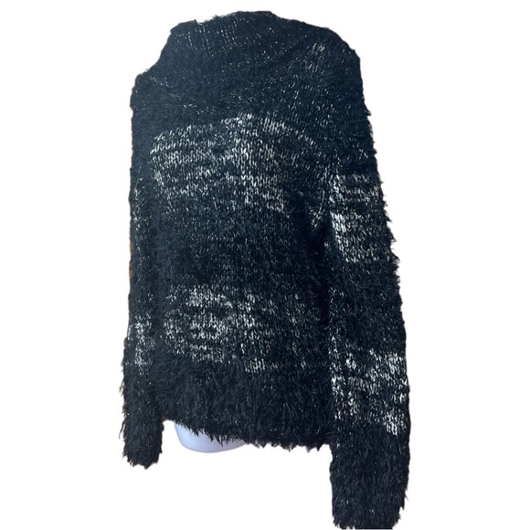 Sz L Black White Fluffy Knit Sweater Lark Lane Turtleneck - Picture 4 of 7